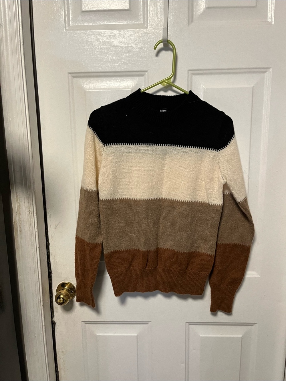 Women’s Emery Rose Striped Crewneck Sweater in Black, Cream & Brown size small